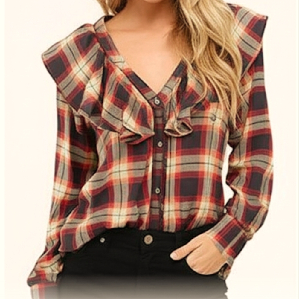 Mossimo Blue And Pink 80s Inspired Plaid Ruffle Long Sleeve Top Sz. S